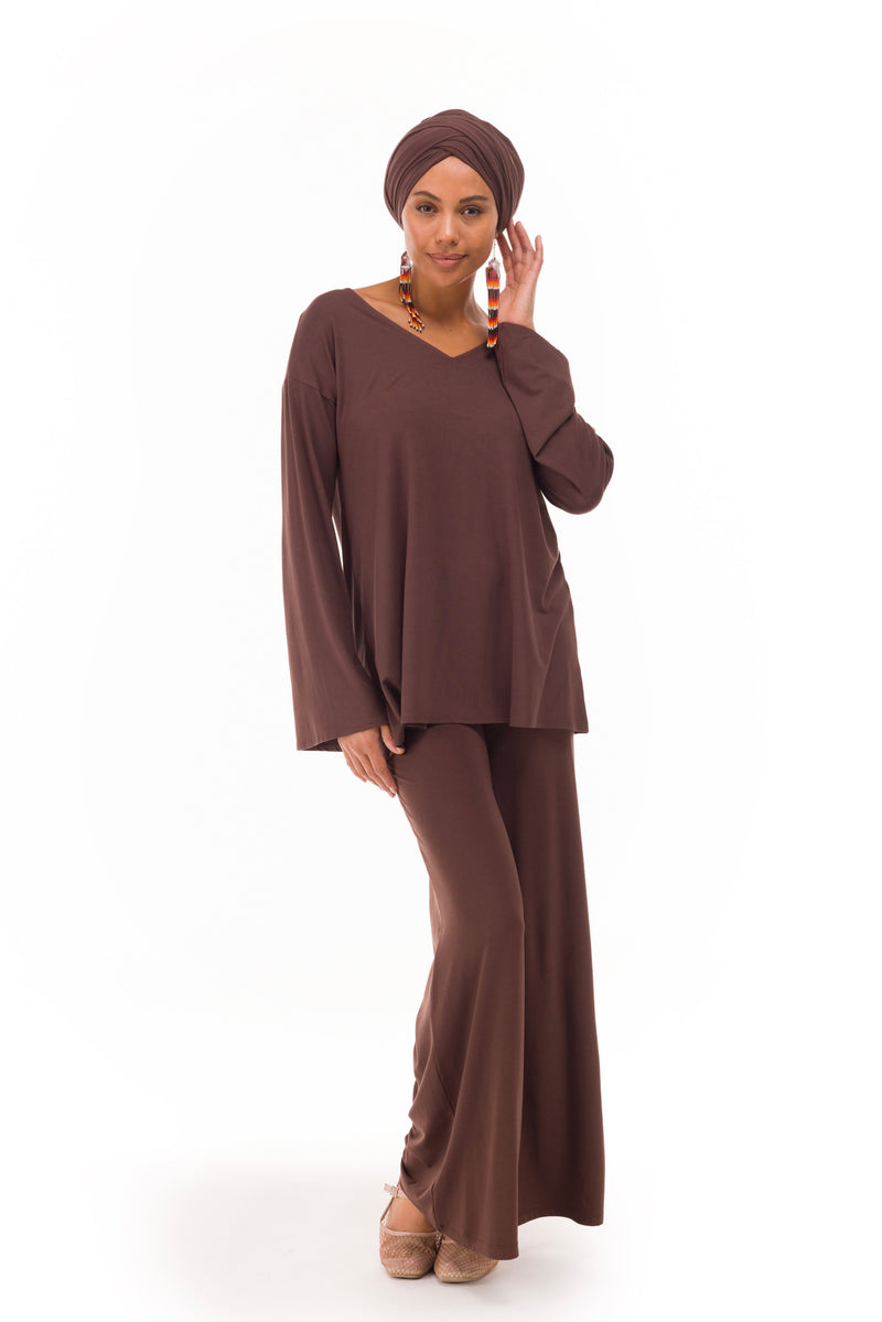 BAMBOO FLUTED V-NECK TOP BROWN