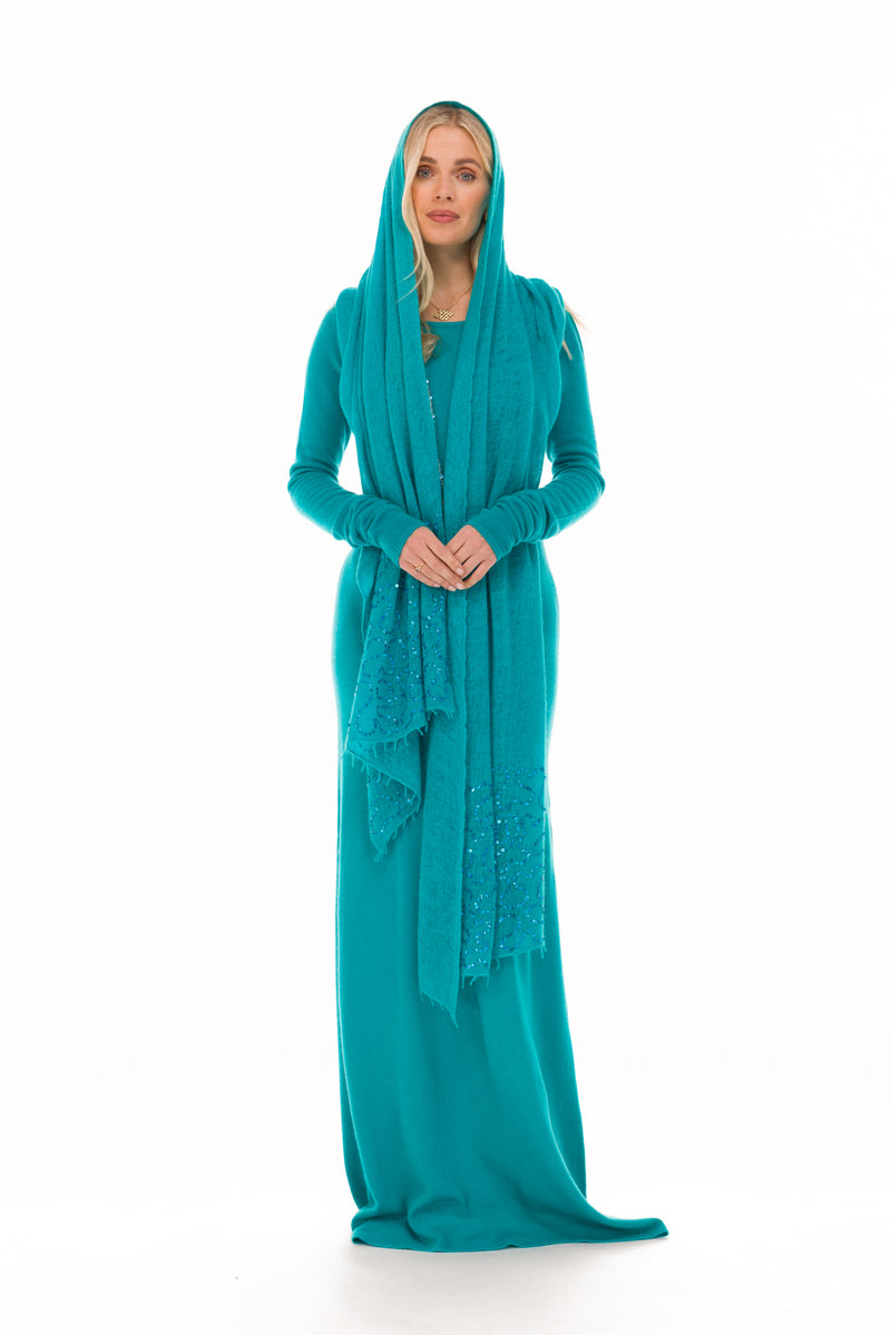 100% CASHMERE MAXI FITTED DRESS MEDITERRANEAN