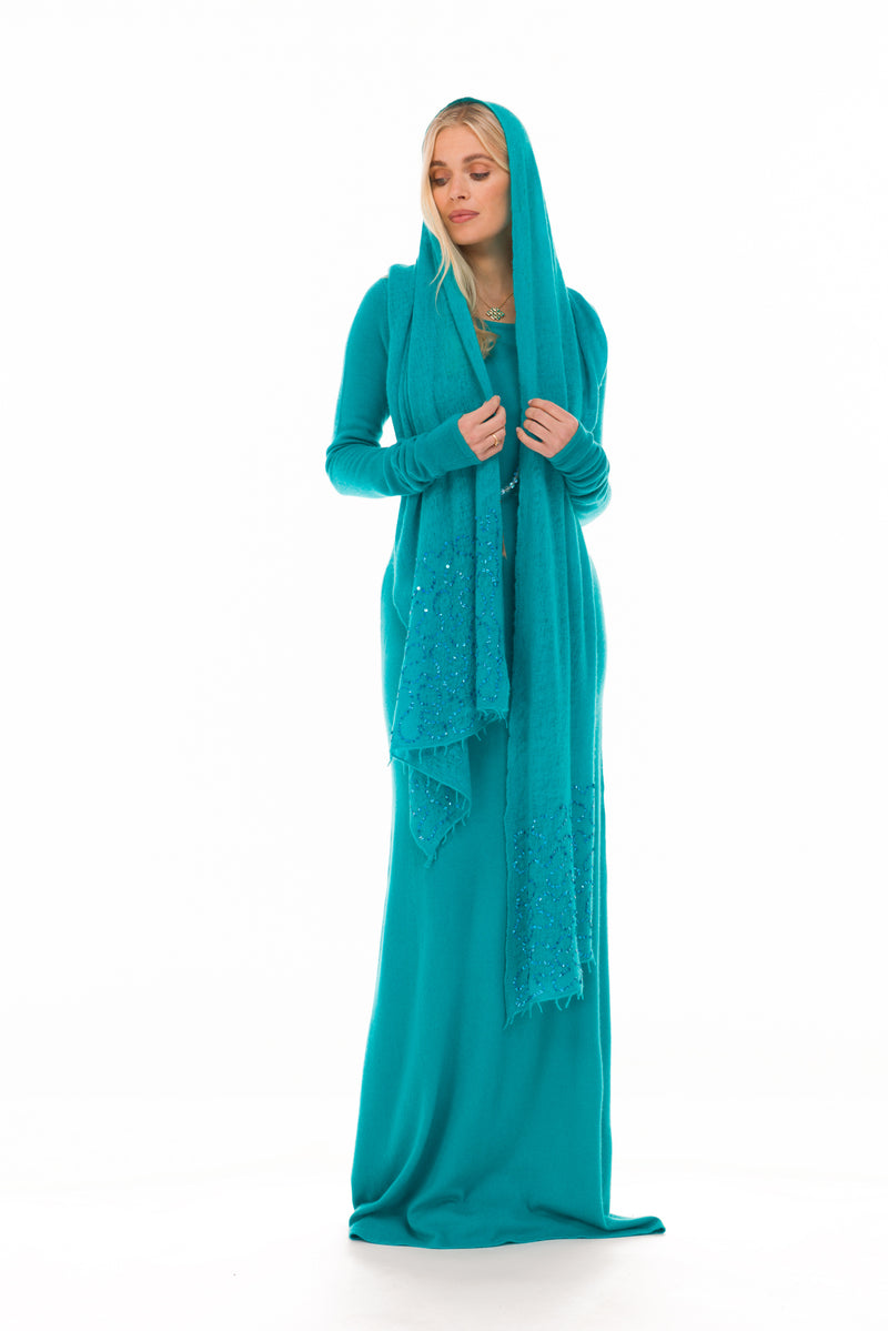 100% CASHMERE MAXI FITTED DRESS MEDITERRANEAN