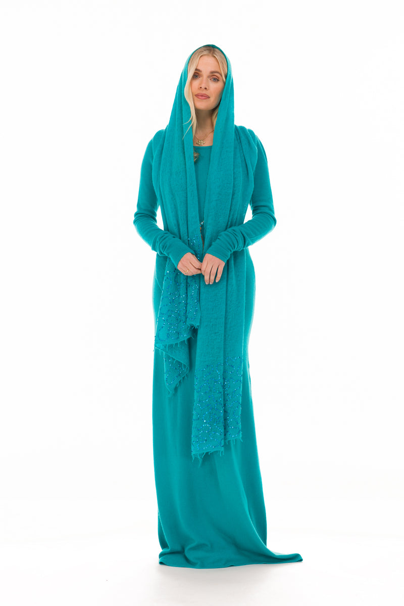 100% CASHMERE MAXI FITTED DRESS MEDITERRANEAN