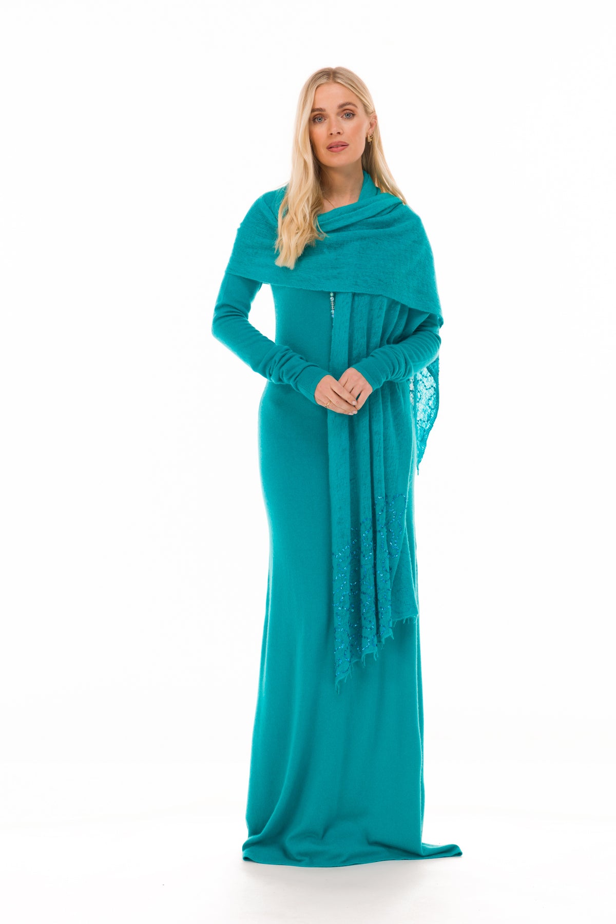 100% CASHMERE MAXI FITTED DRESS MEDITERRANEAN