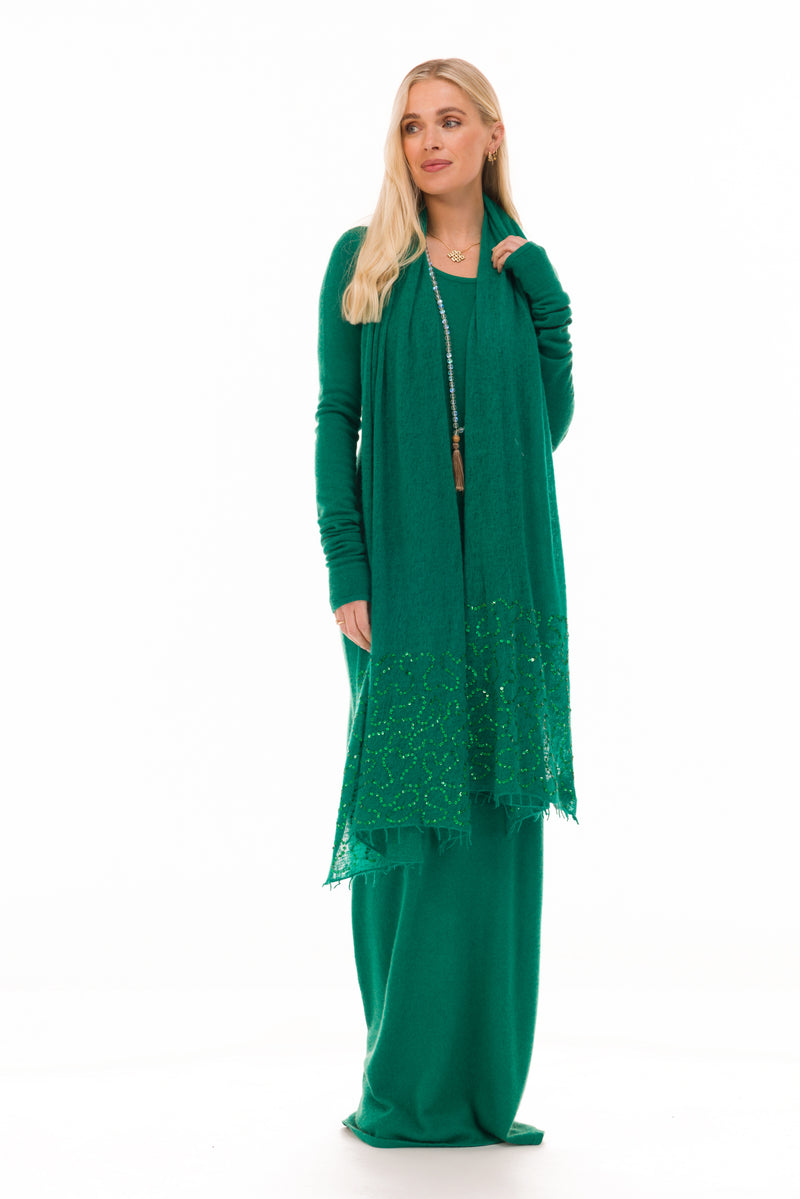 100% CASHMERE FELTED SCARF WITH SEQUINS EMERALD GREEN