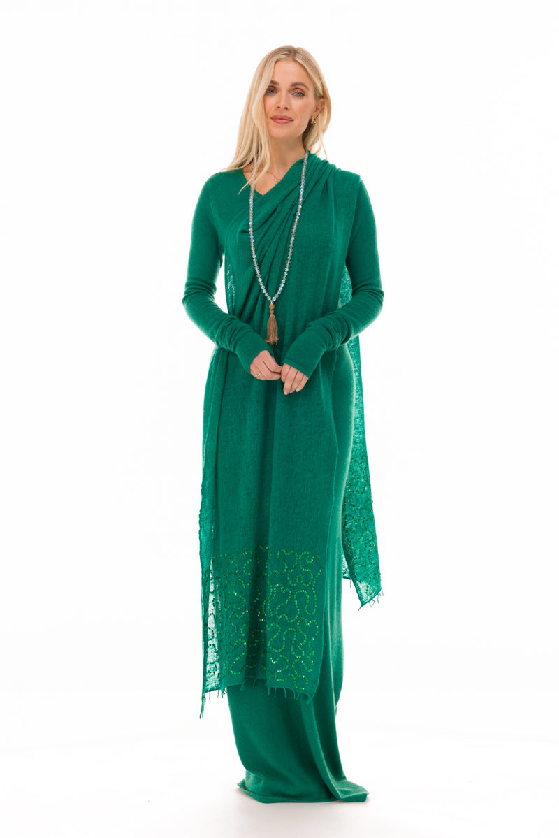 100% CASHMERE FELTED SCARF WITH SEQUINS EMERALD GREEN