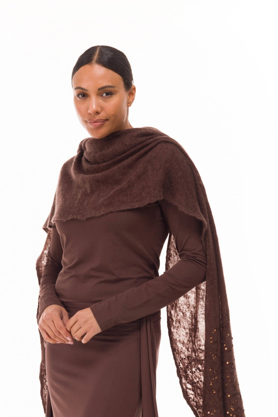 100% CASHMERE FELTED SCARF WITH SEQUINS BROWN