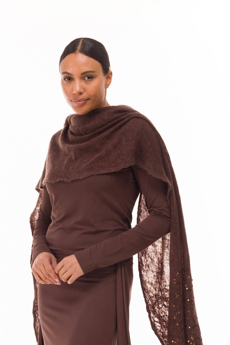 100% CASHMERE FELTED SCARF WITH SEQUINS BROWN