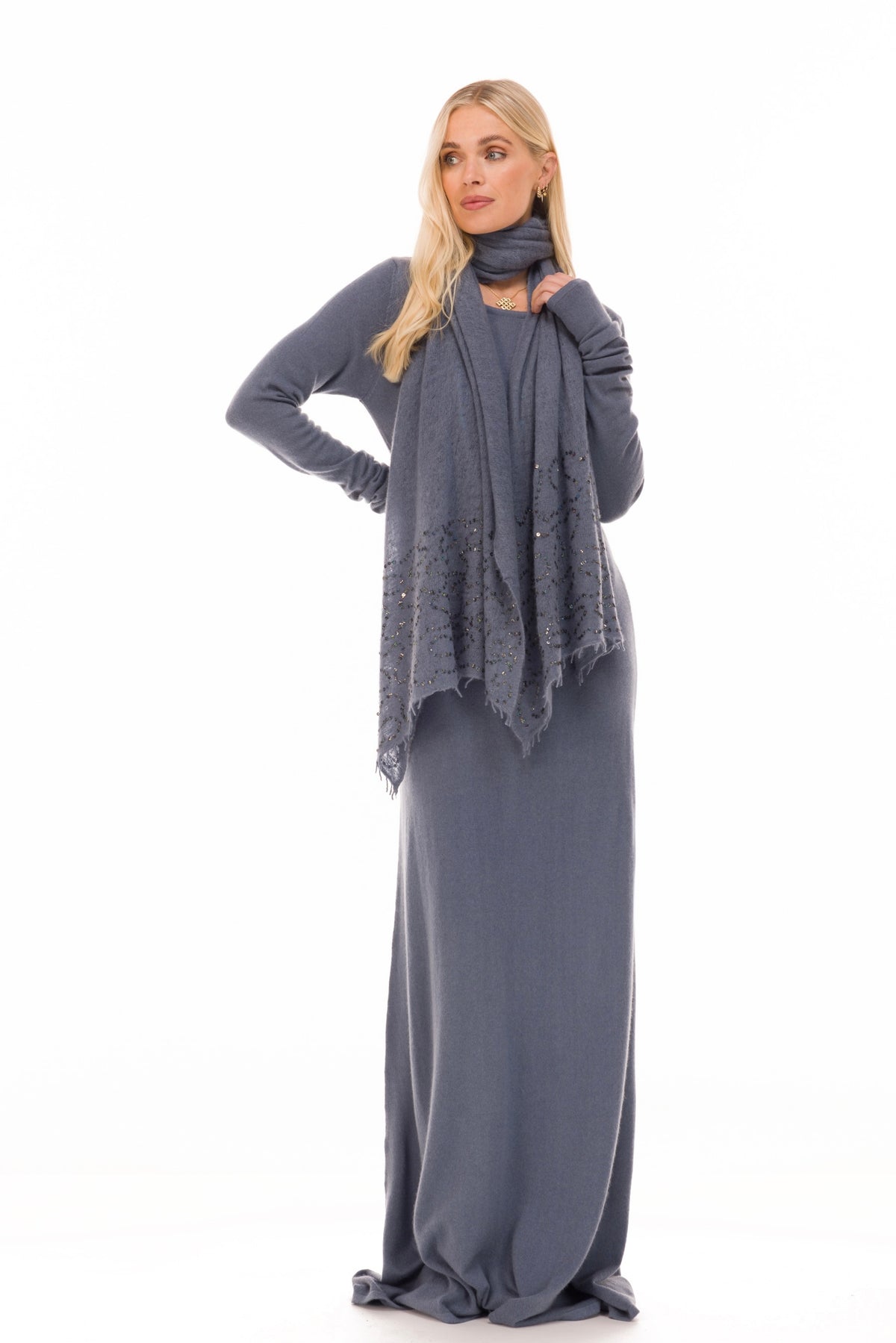 100% CASHMERE MAXI FITTED DRESS DOVE GREY