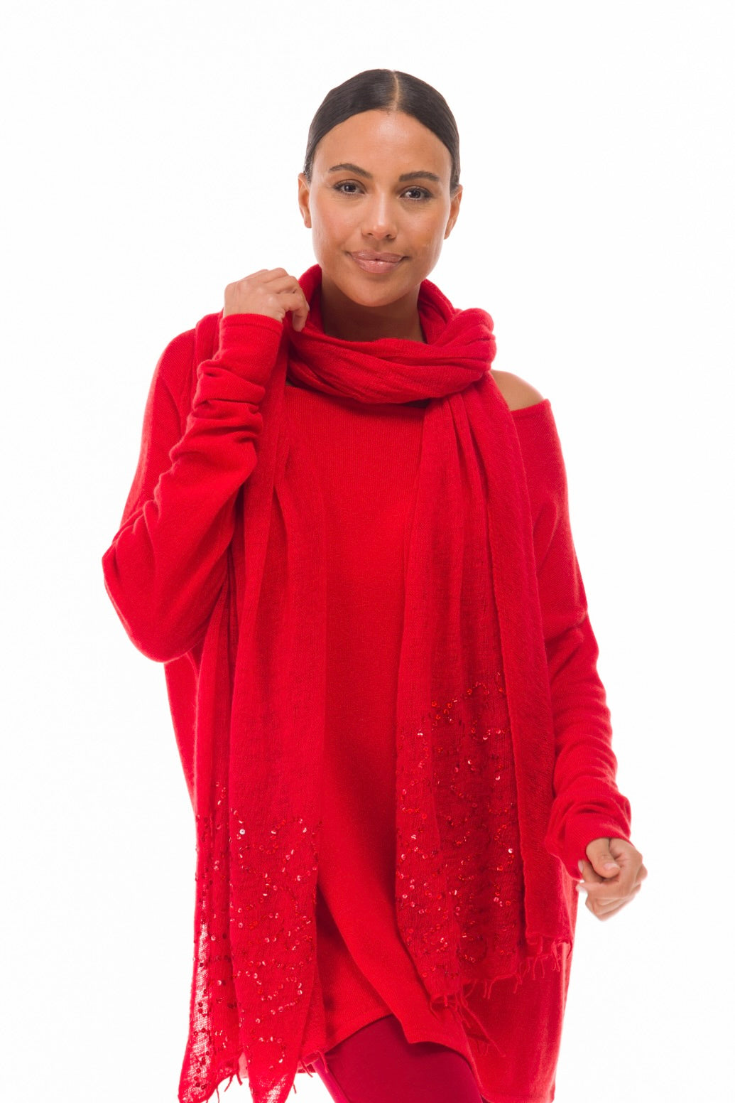 100% CASHMERE FELTED SCARF WITH SEQUINS RED
