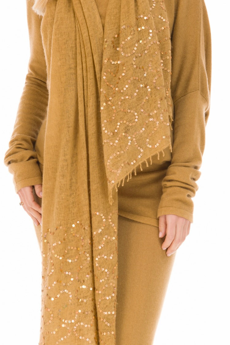 100% CASHMERE FELTED SCARF WITH SEQUINS HONEY