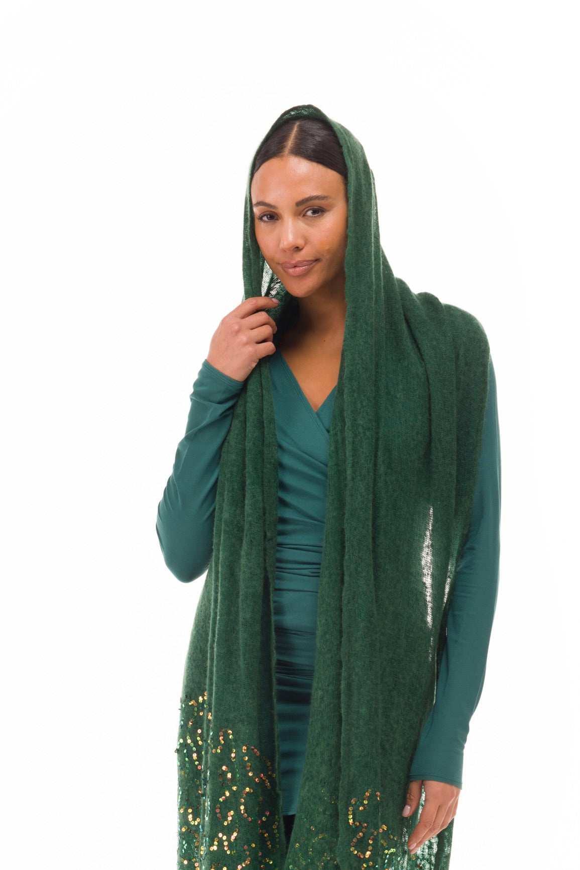 100% CASHMERE FELTED SCARF WITH SEQUINS MOSS GREEN