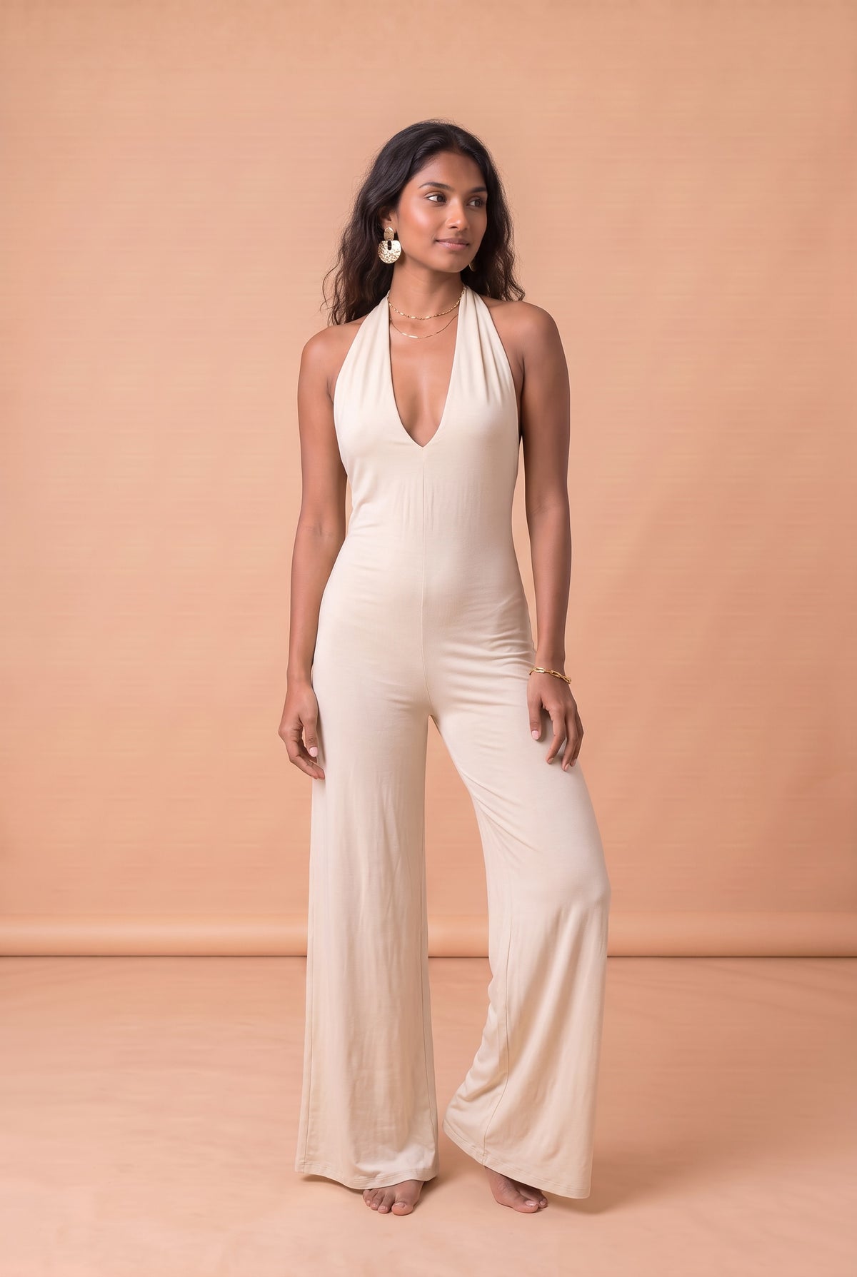 BAMBOO HALTER CATSUIT AND COWL ECRU