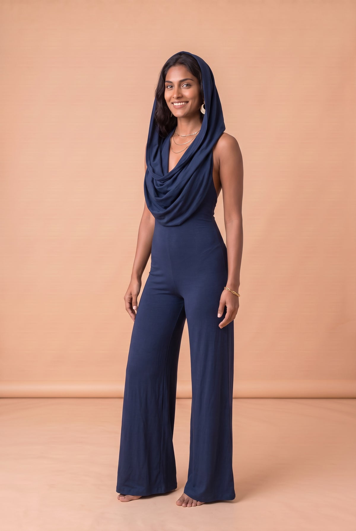 BAMBOO HALTER CATSUIT AND COWL NAVY