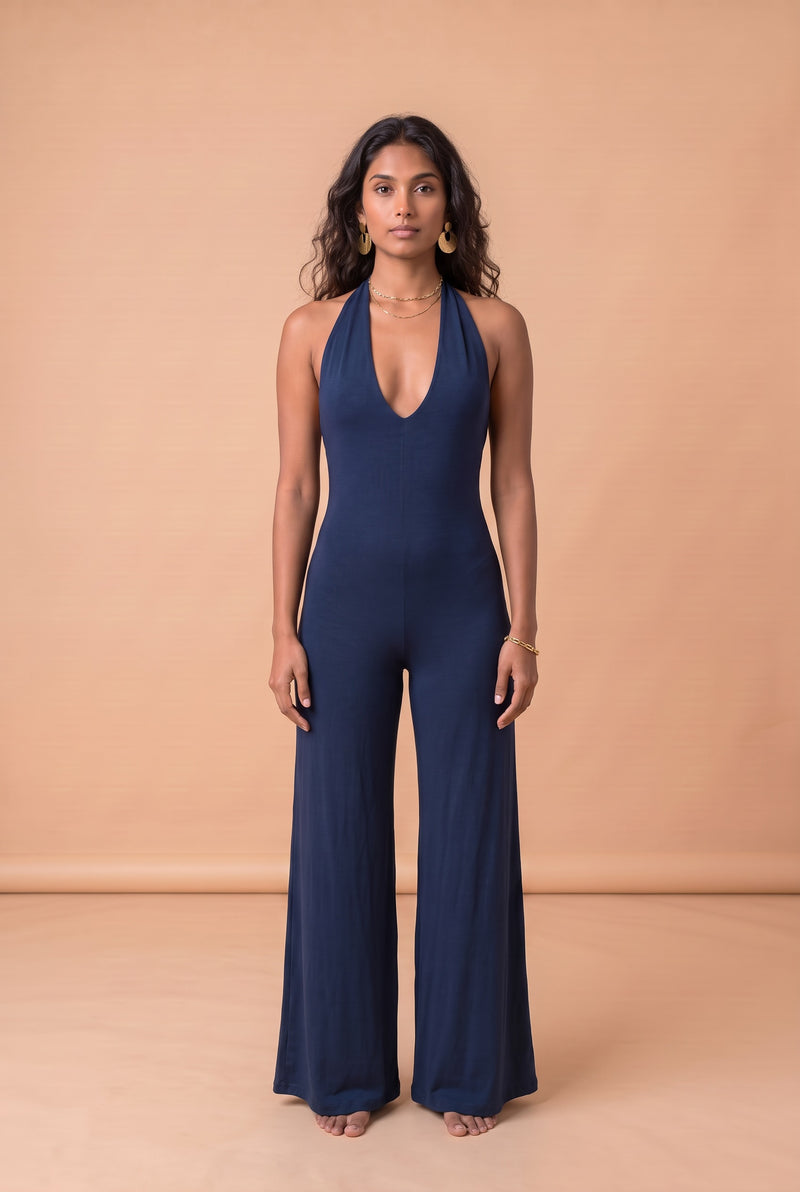 BAMBOO HALTER CATSUIT AND COWL NAVY