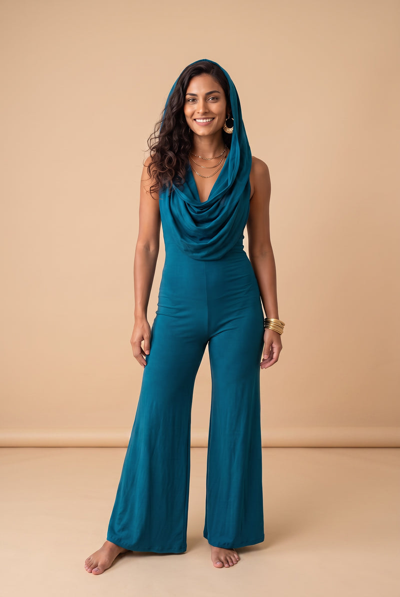 BAMBOO HALTER CATSUIT AND COWL TEAL