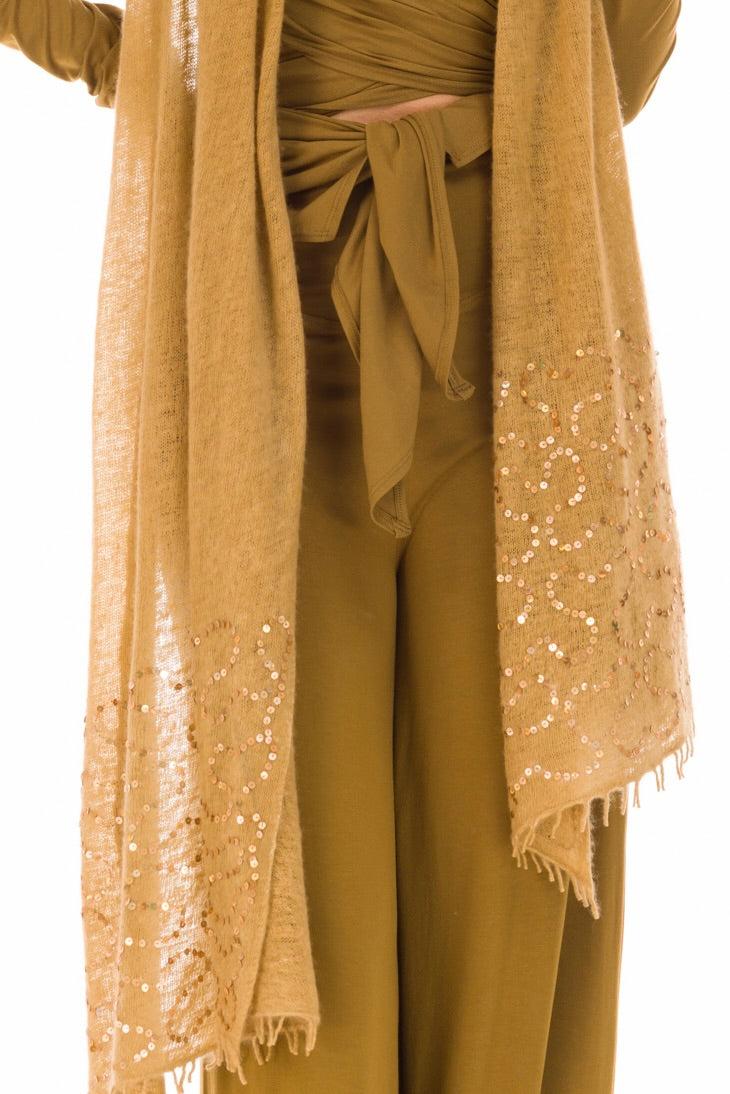 100% CASHMERE FELTED SCARF WITH SEQUINS HONEY