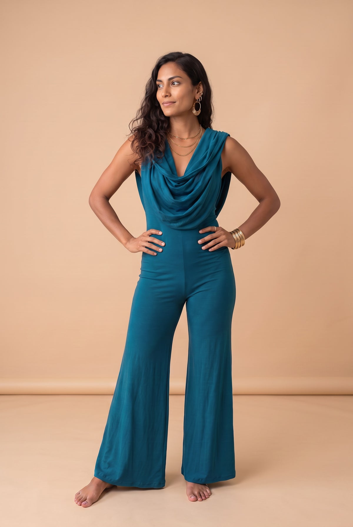 BAMBOO HALTER CATSUIT AND COWL TEAL