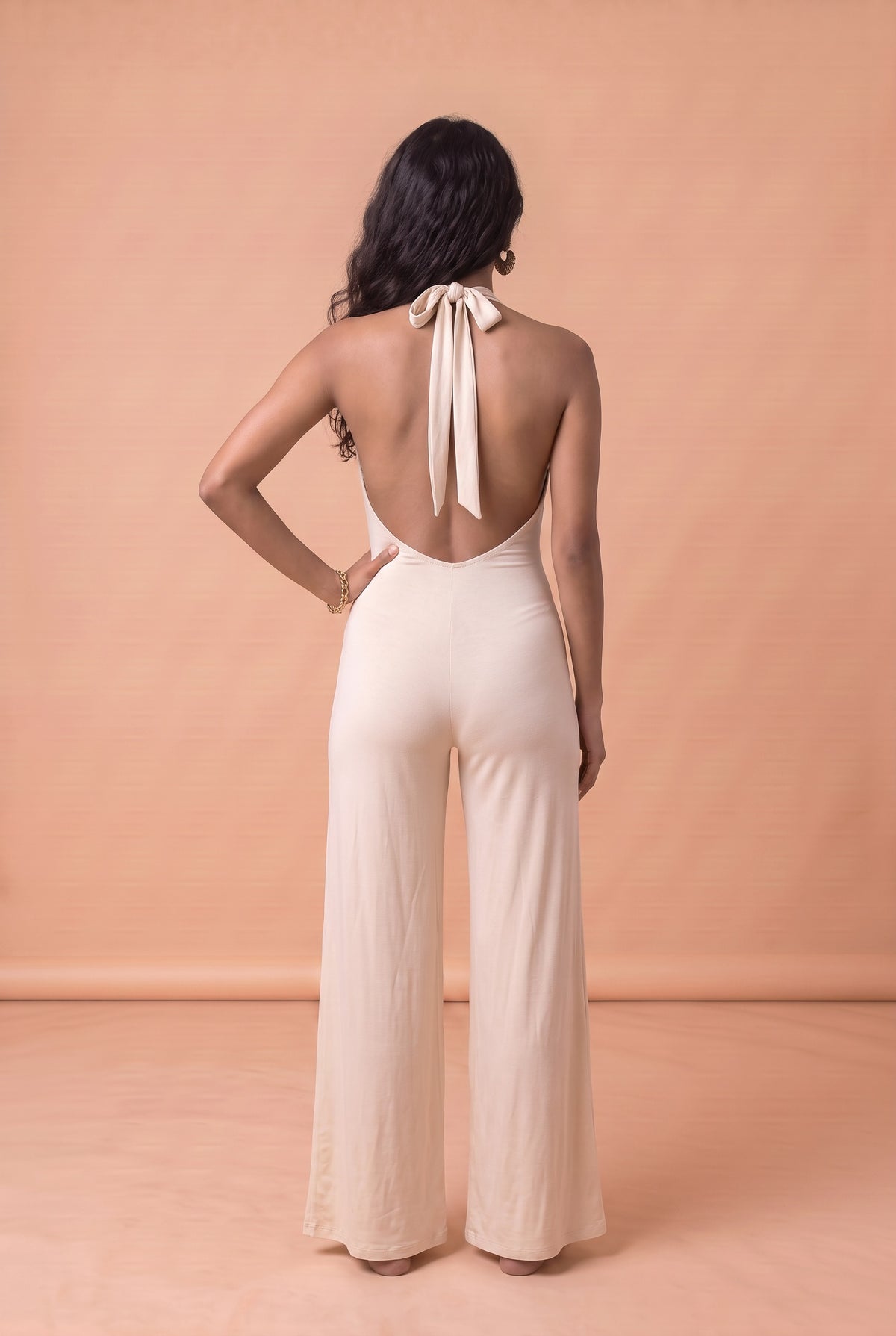 BAMBOO HALTER CATSUIT AND COWL ECRU