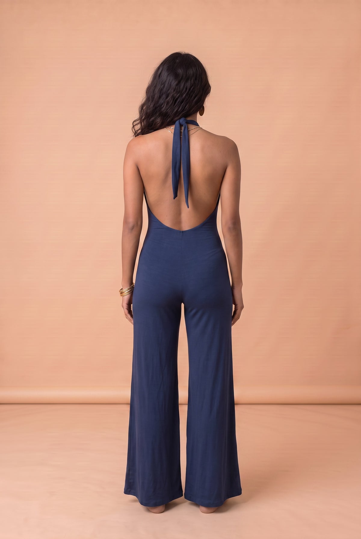 BAMBOO HALTER CATSUIT AND COWL NAVY