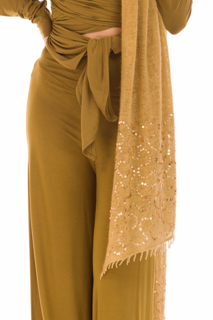 100% CASHMERE FELTED SCARF WITH SEQUINS HONEY