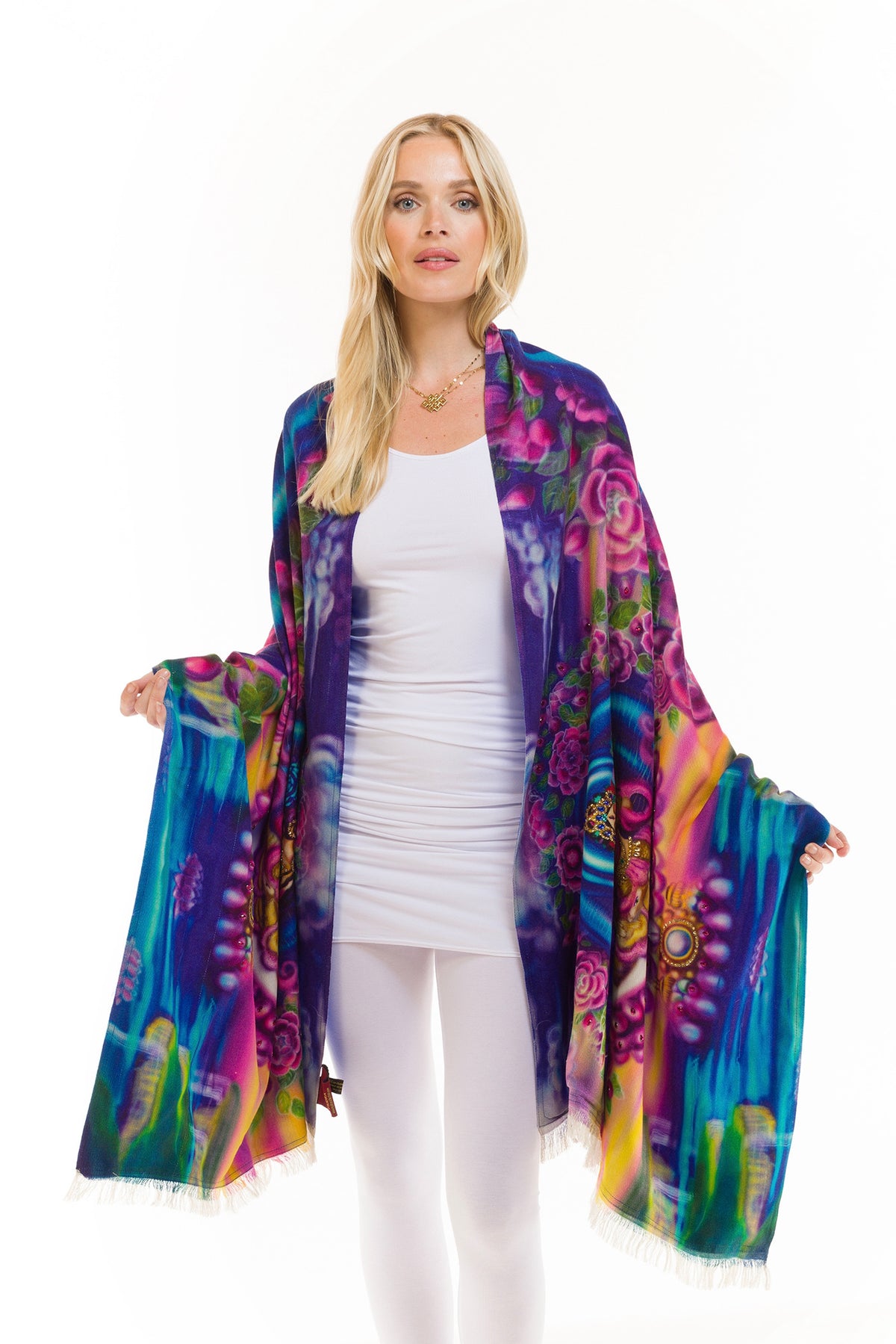 WHITE TARA 100% CASHMERE AND SILK BEADED SHAWL