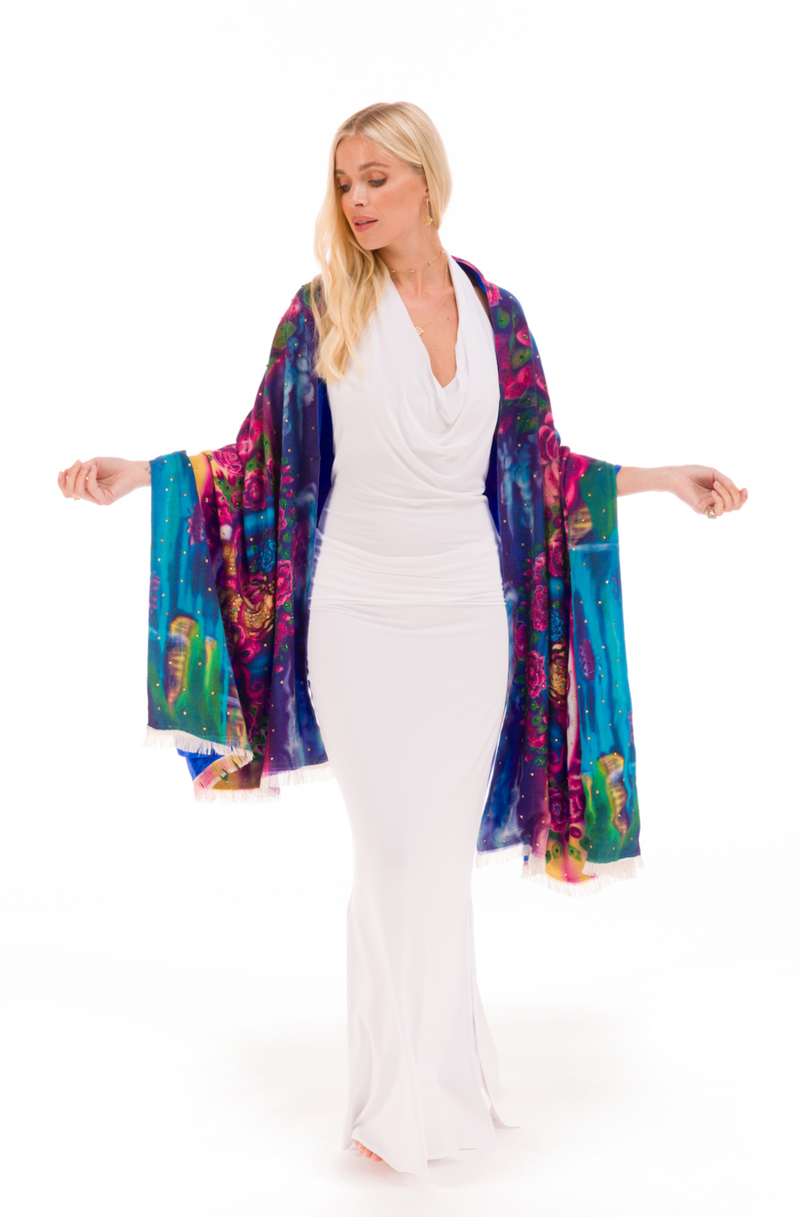WHITE TARA 100% CASHMERE AND SILK BEADED SHAWL