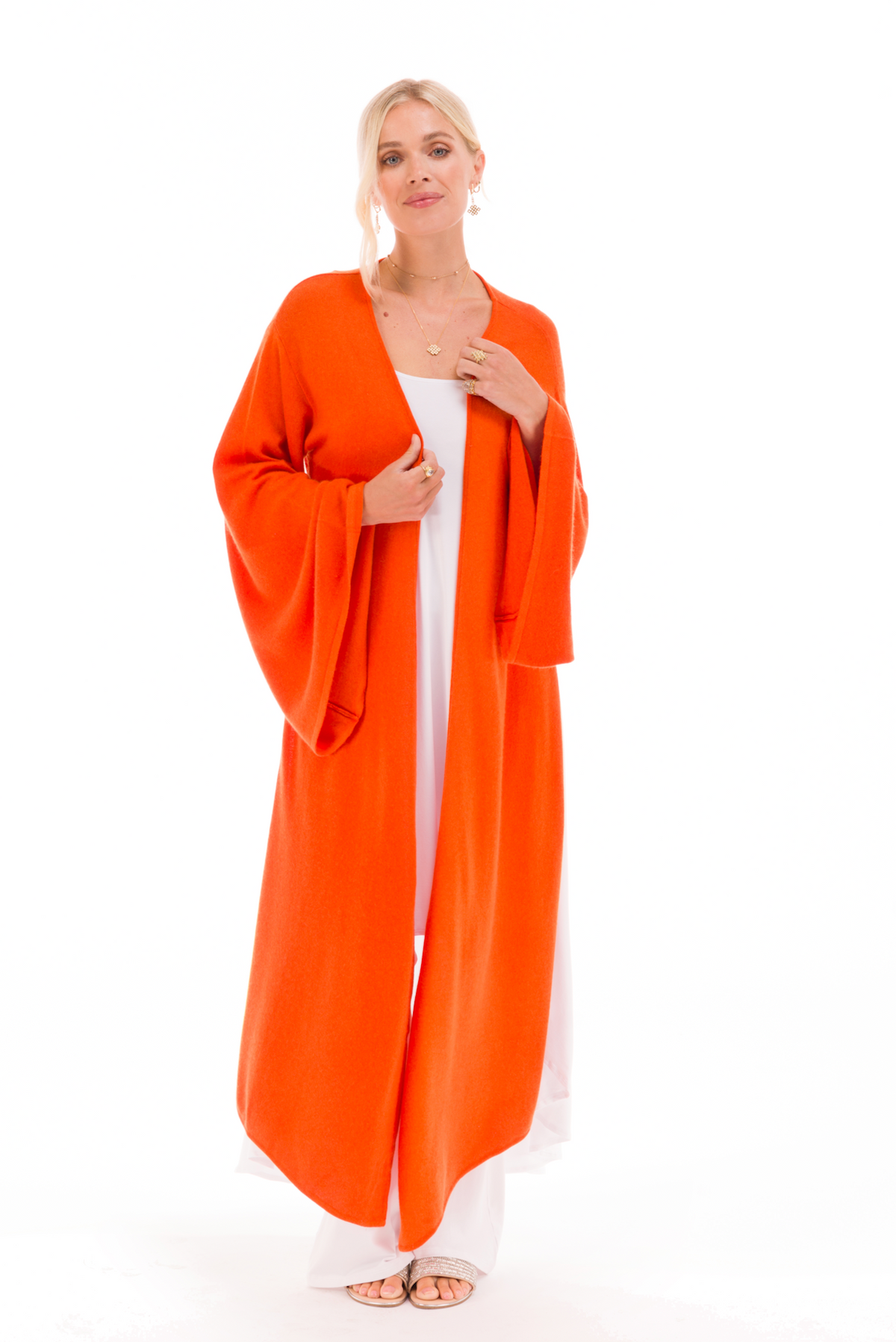 100% CASHMERE ULTRA FINE DRAPED SHRUG SPICY ORANGE