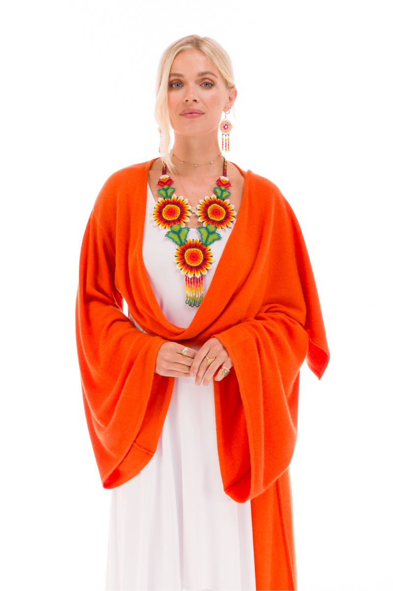 100% 2 PLY CASHMERE DRAPED SHRUG SPICY ORANGE