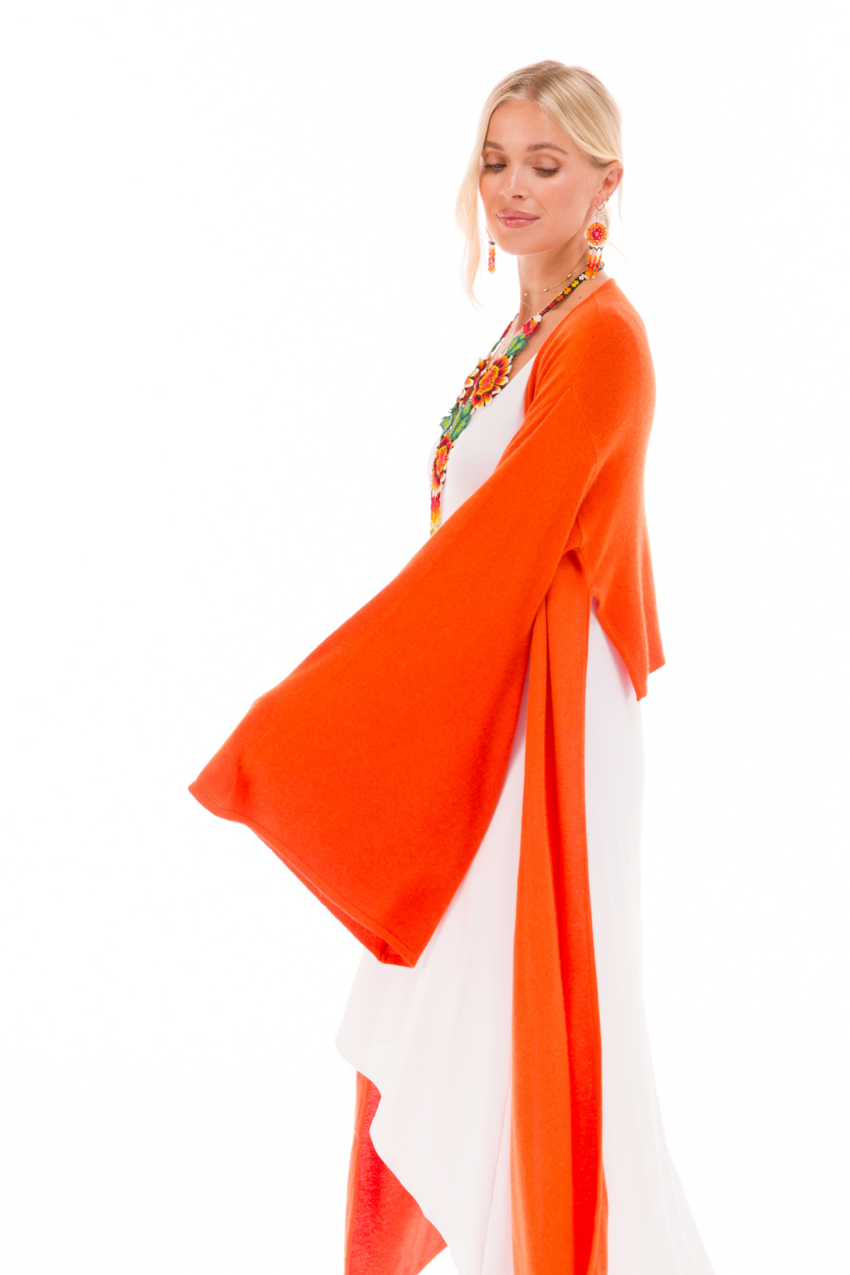 100% CASHMERE ULTRA FINE DRAPED SHRUG SPICY ORANGE