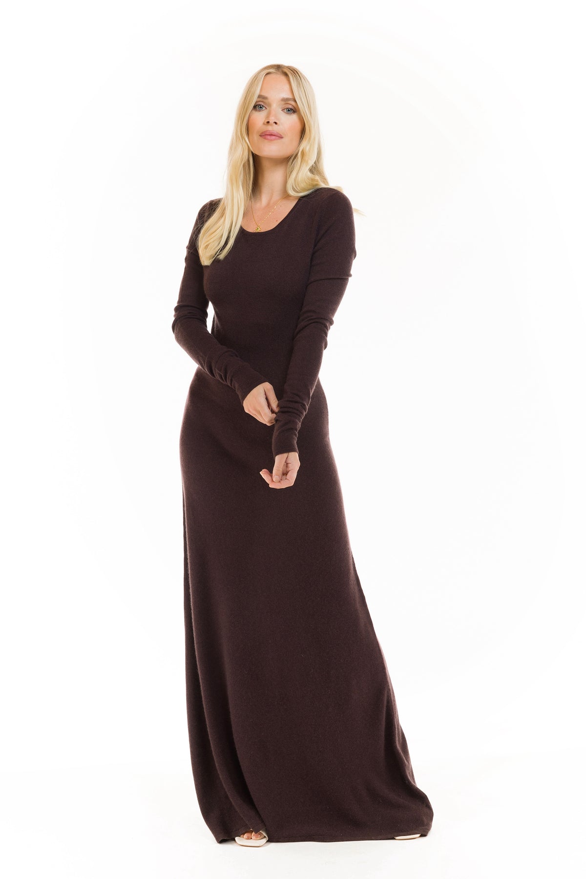 100% CASHMERE MAXI FITTED DRESS BROWN
