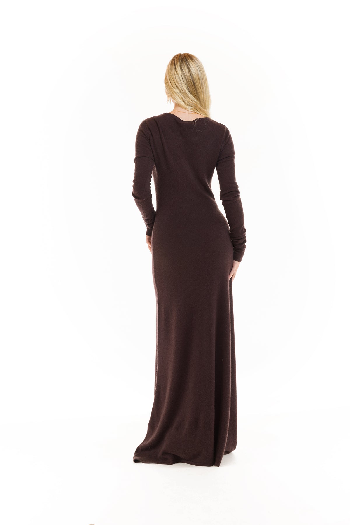 100% CASHMERE MAXI FITTED DRESS BROWN