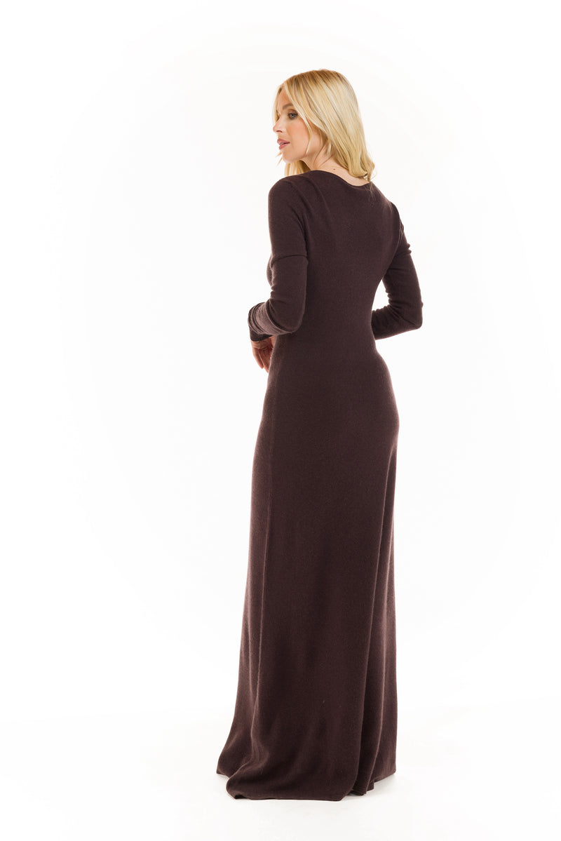 100% CASHMERE MAXI FITTED DRESS BROWN