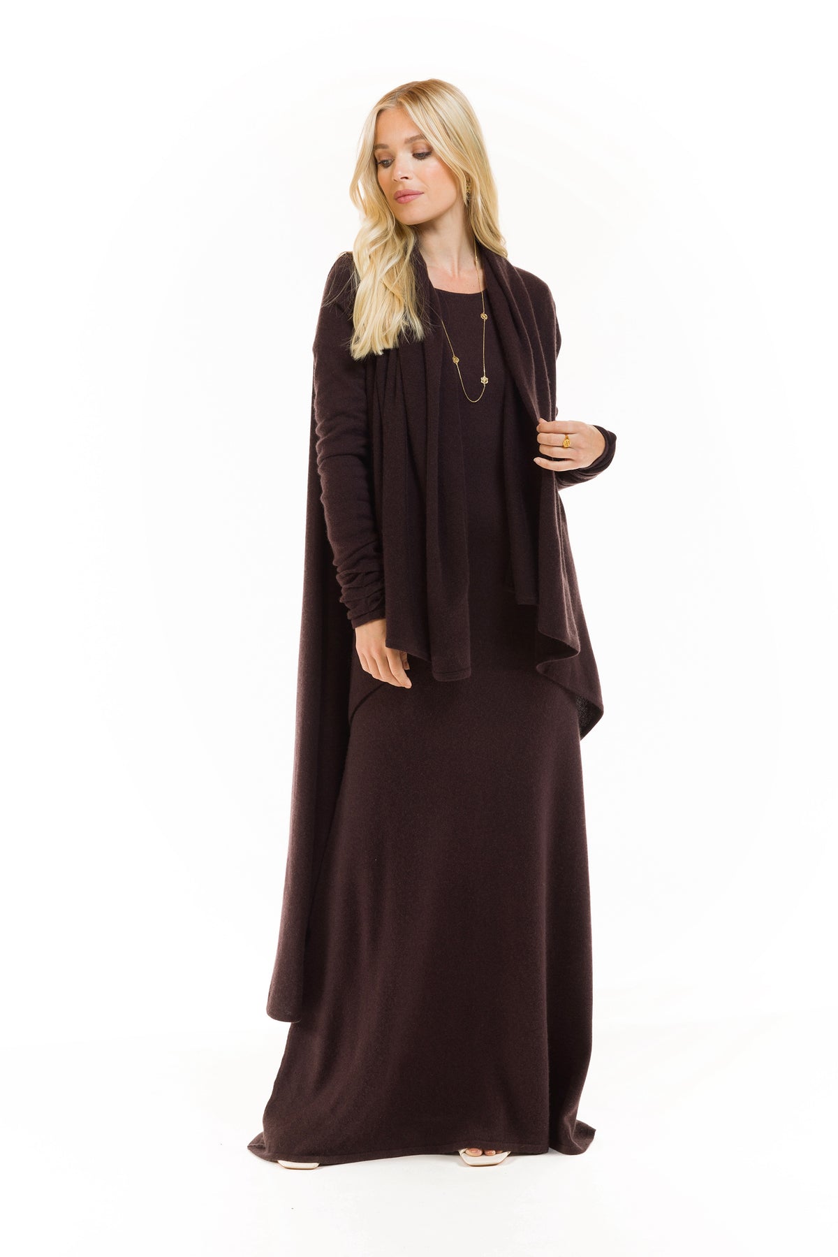 100% CASHMERE MAXI FITTED DRESS BROWN