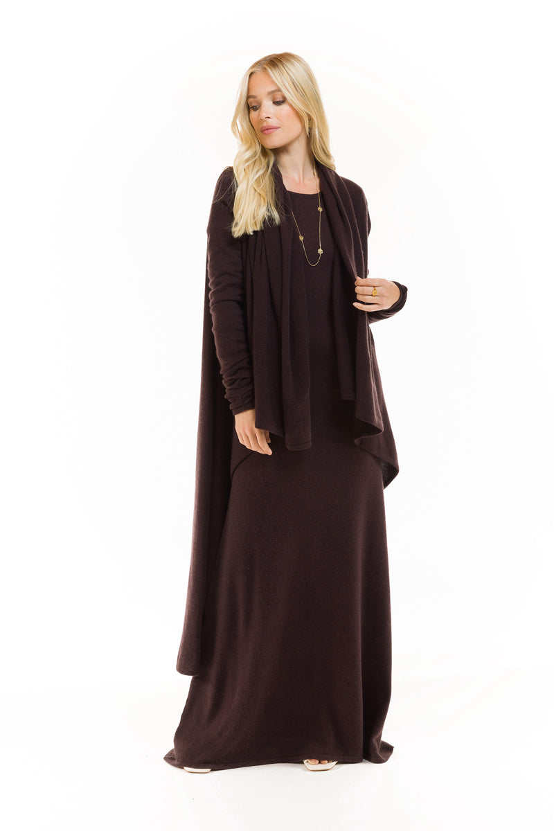 100% CASHMERE MAXI FITTED DRESS BROWN
