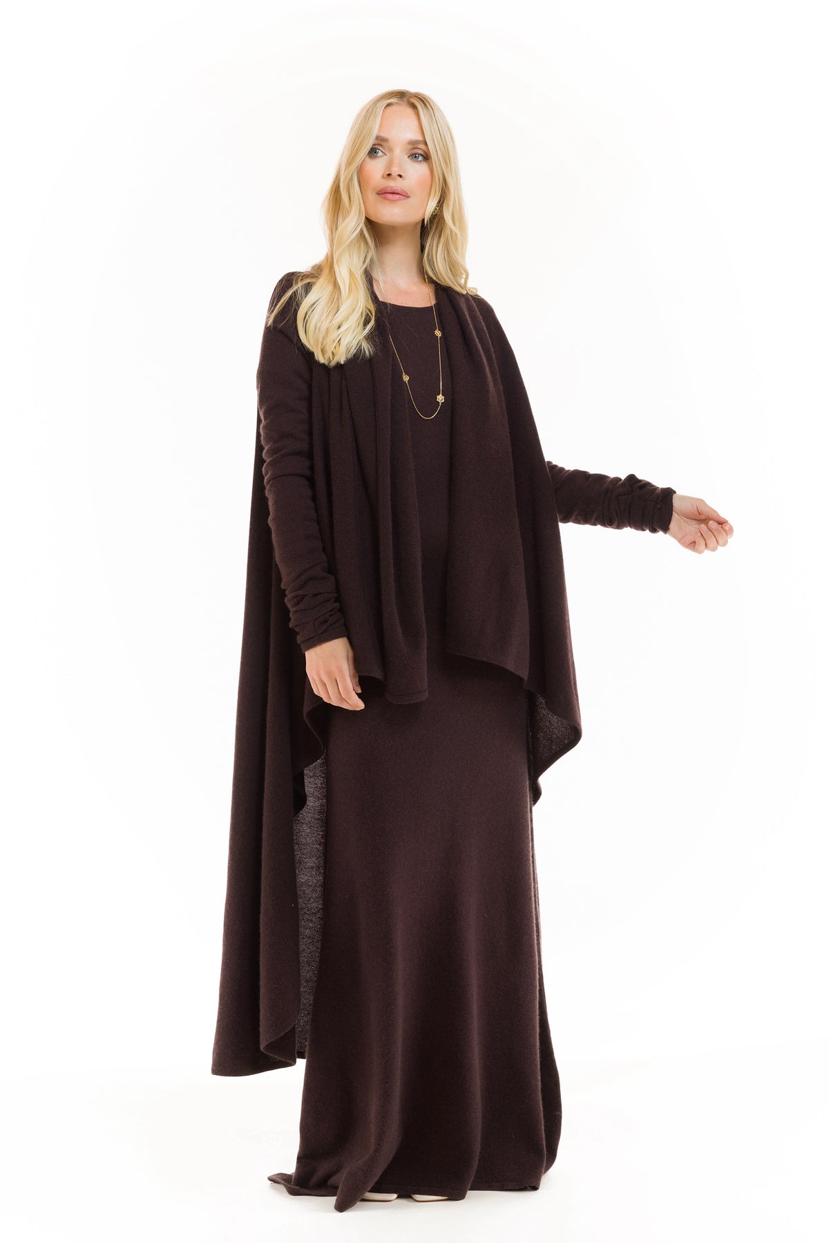 100% CASHMERE MAXI FITTED DRESS BROWN