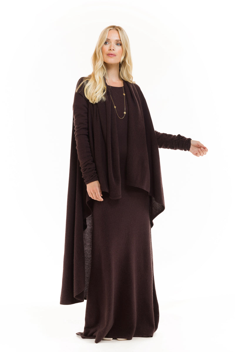 100% CASHMERE MAXI FITTED DRESS BROWN
