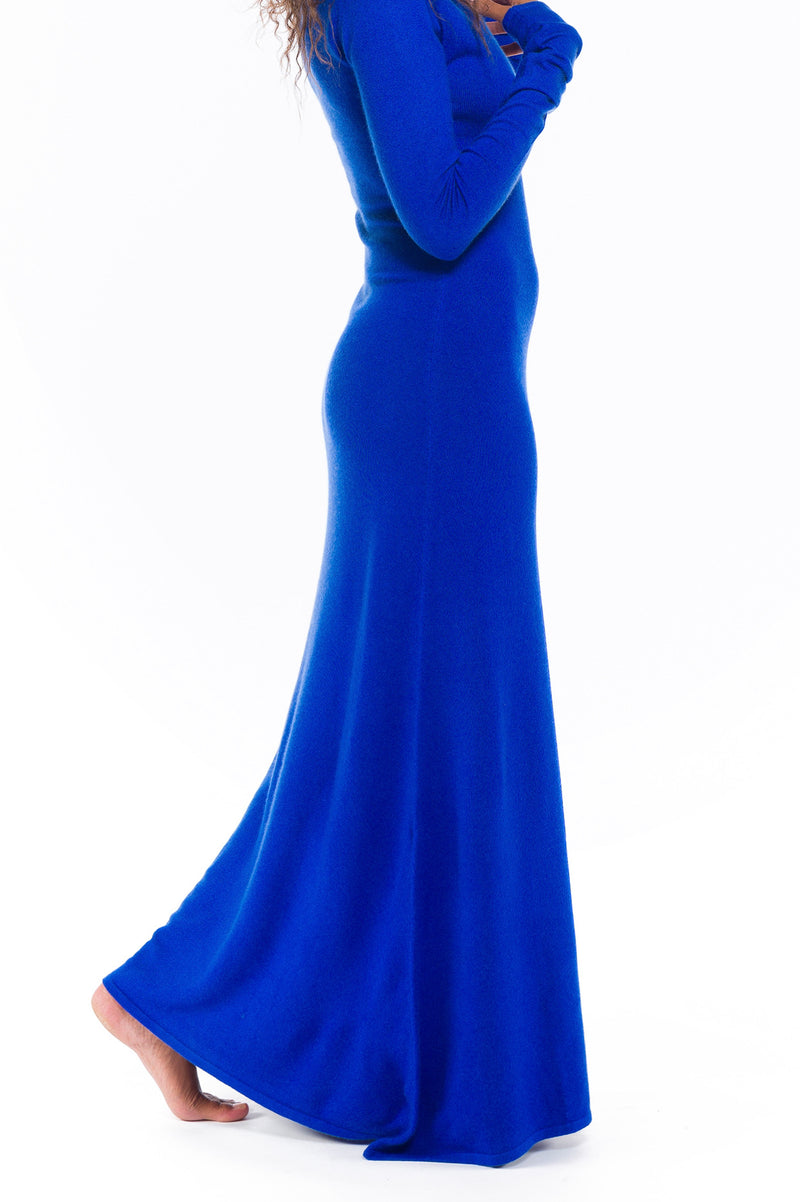 100% CASHMERE MAXI FITTED DRESS ROYAL BLUE