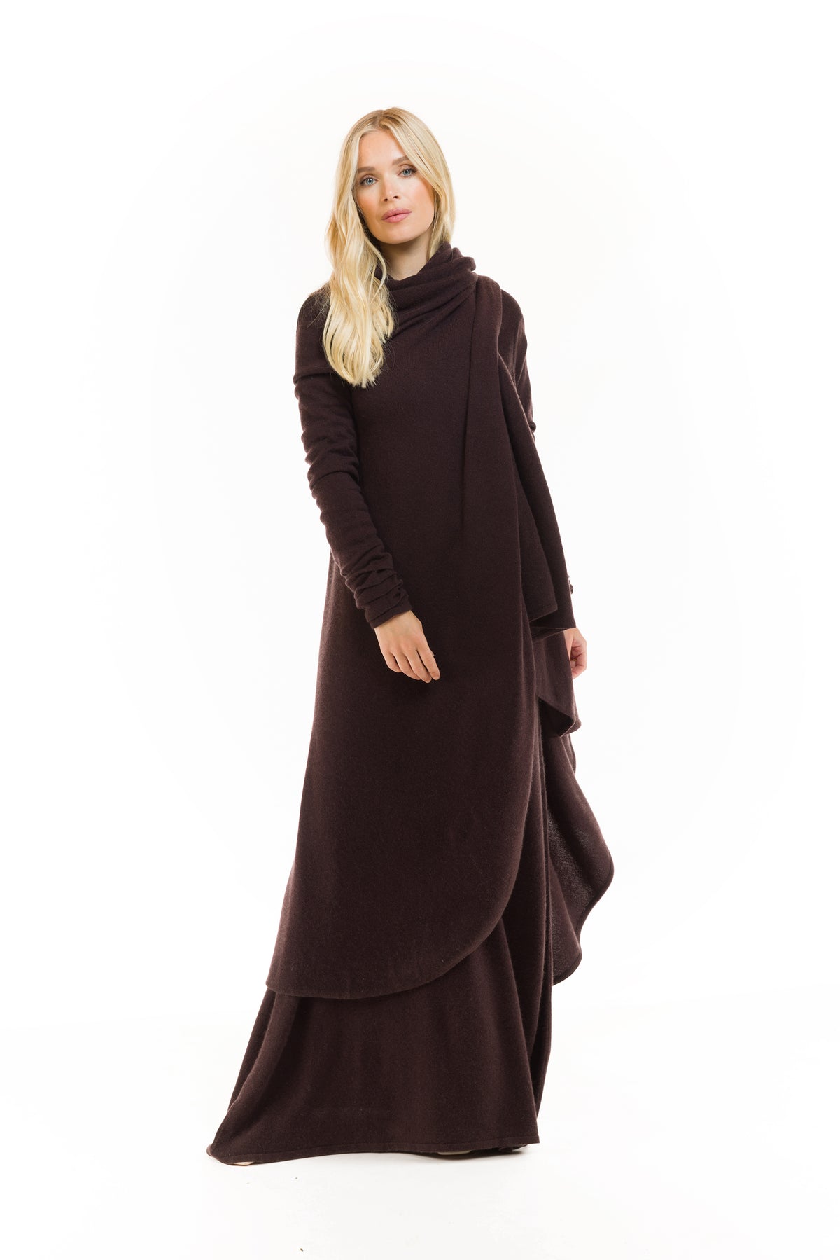 100% CASHMERE MAXI FITTED DRESS BROWN