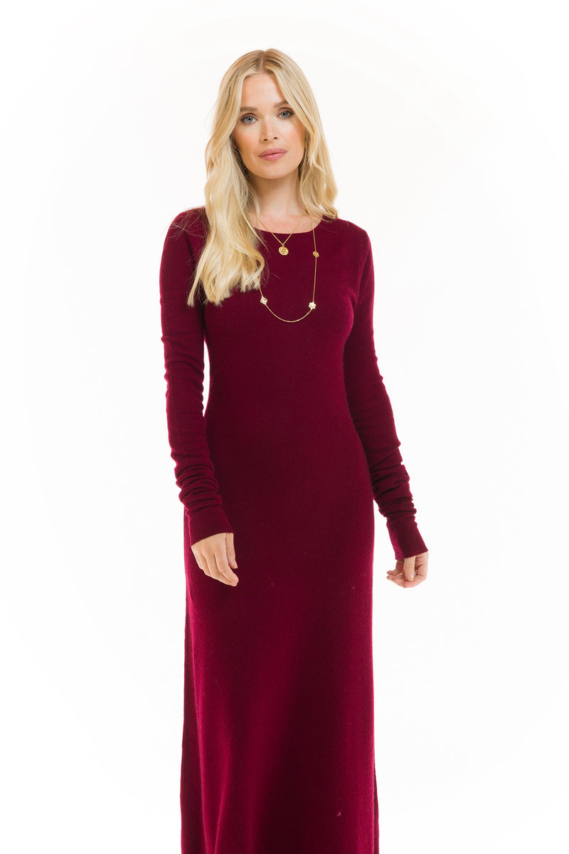 100% CASHMERE MAXI FITTED DRESS BURGUNDY