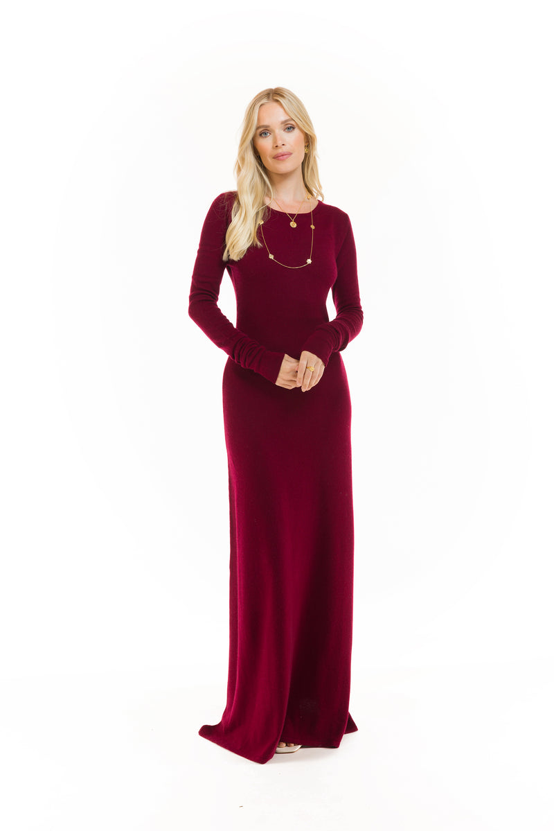 100% CASHMERE MAXI FITTED DRESS BURGUNDY