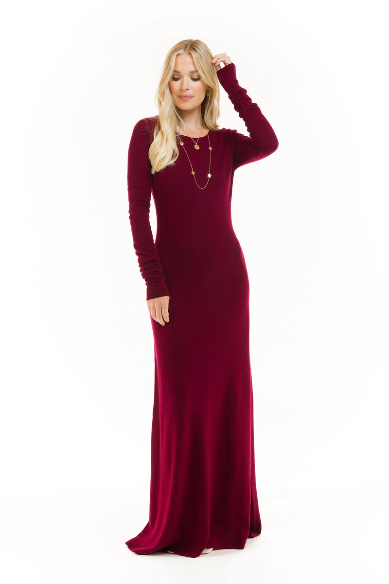 100% CASHMERE MAXI FITTED DRESS BURGUNDY