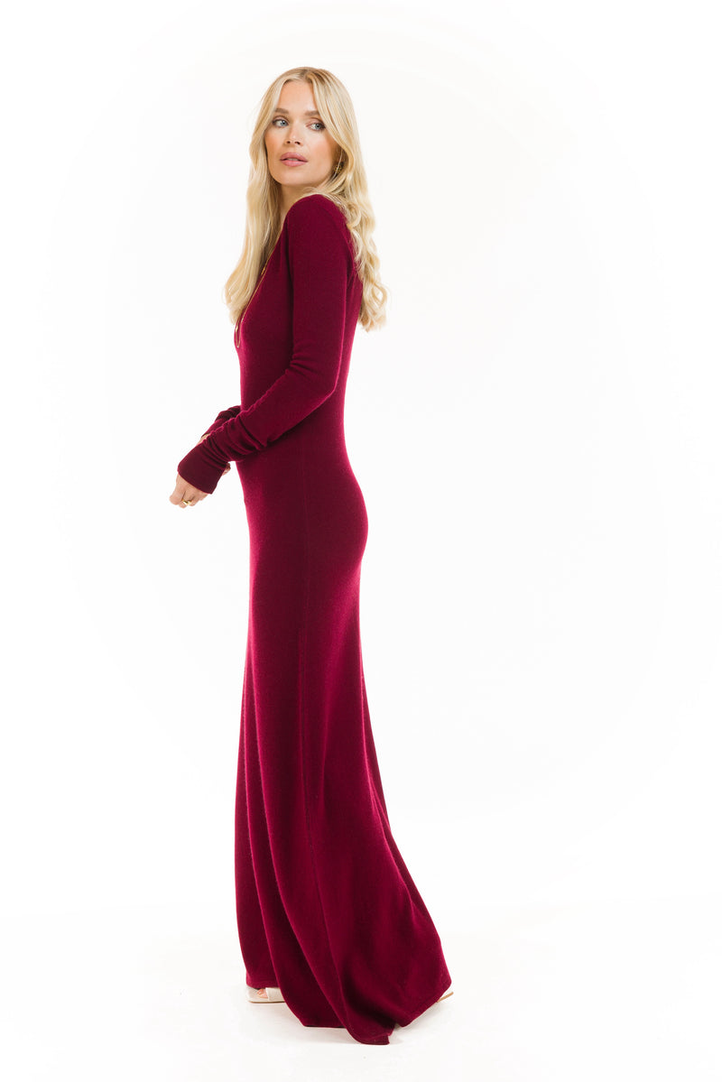 100% CASHMERE MAXI FITTED DRESS BURGUNDY