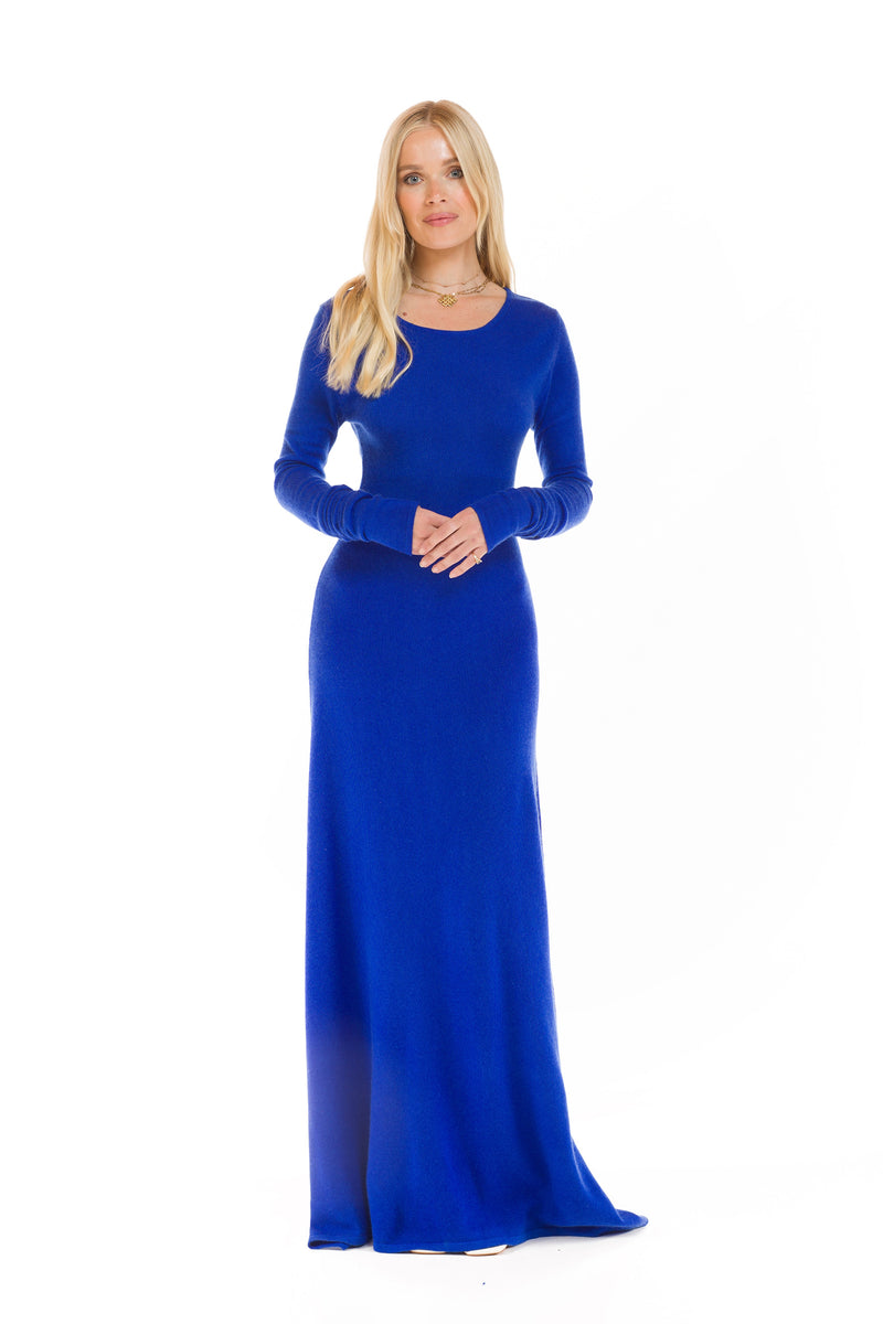 100% CASHMERE MAXI FITTED DRESS ROYAL BLUE