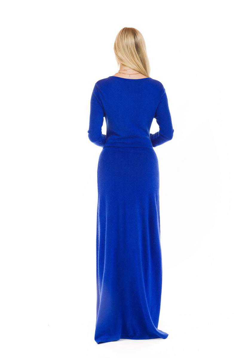 100% CASHMERE MAXI FITTED DRESS ROYAL BLUE