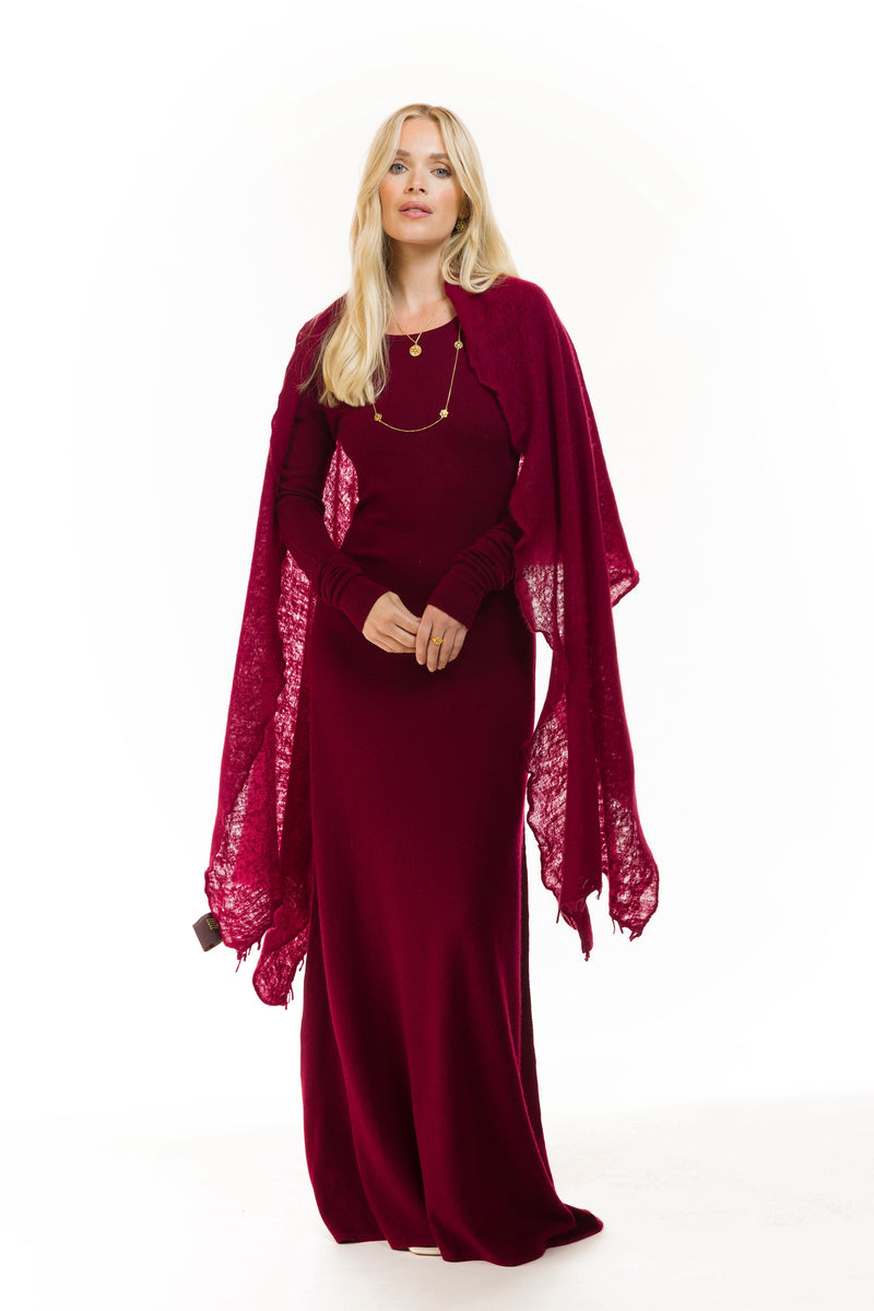100% CASHMERE MAXI FITTED DRESS BURGUNDY