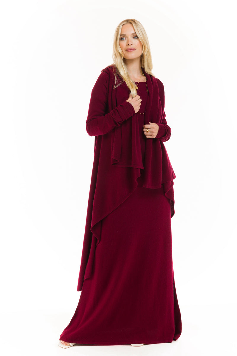 100% CASHMERE MAXI FITTED DRESS BURGUNDY