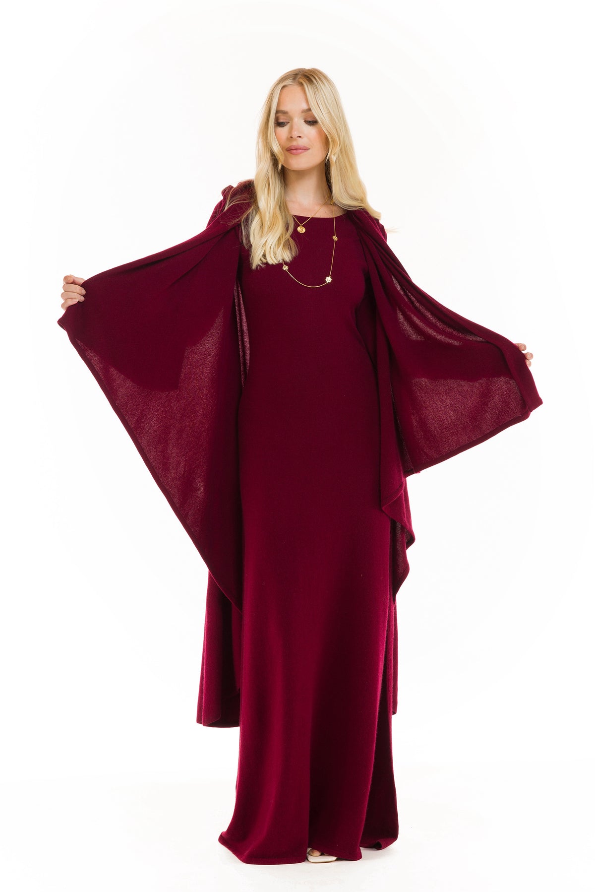 100% CASHMERE MAXI FITTED DRESS BURGUNDY